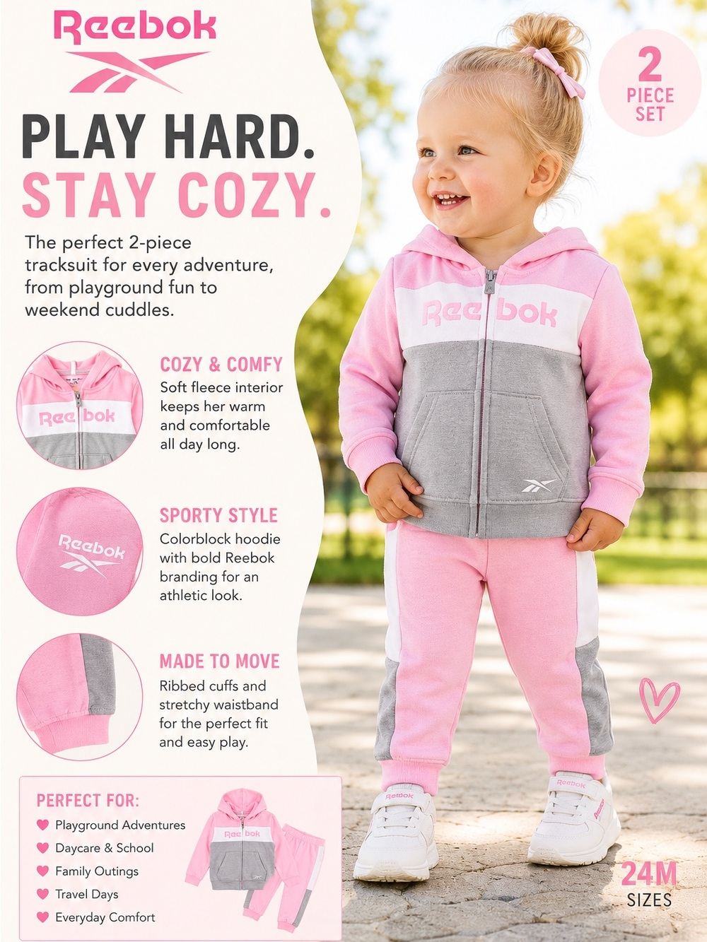 Reebok 2pc Zip Hooded Fleece Hoodie & Pants Set 24M
